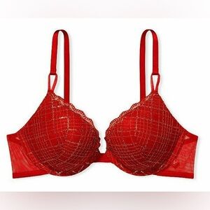 VS Victoria's Secret Lipstick Red Lace Push Up T-Shirt Bra